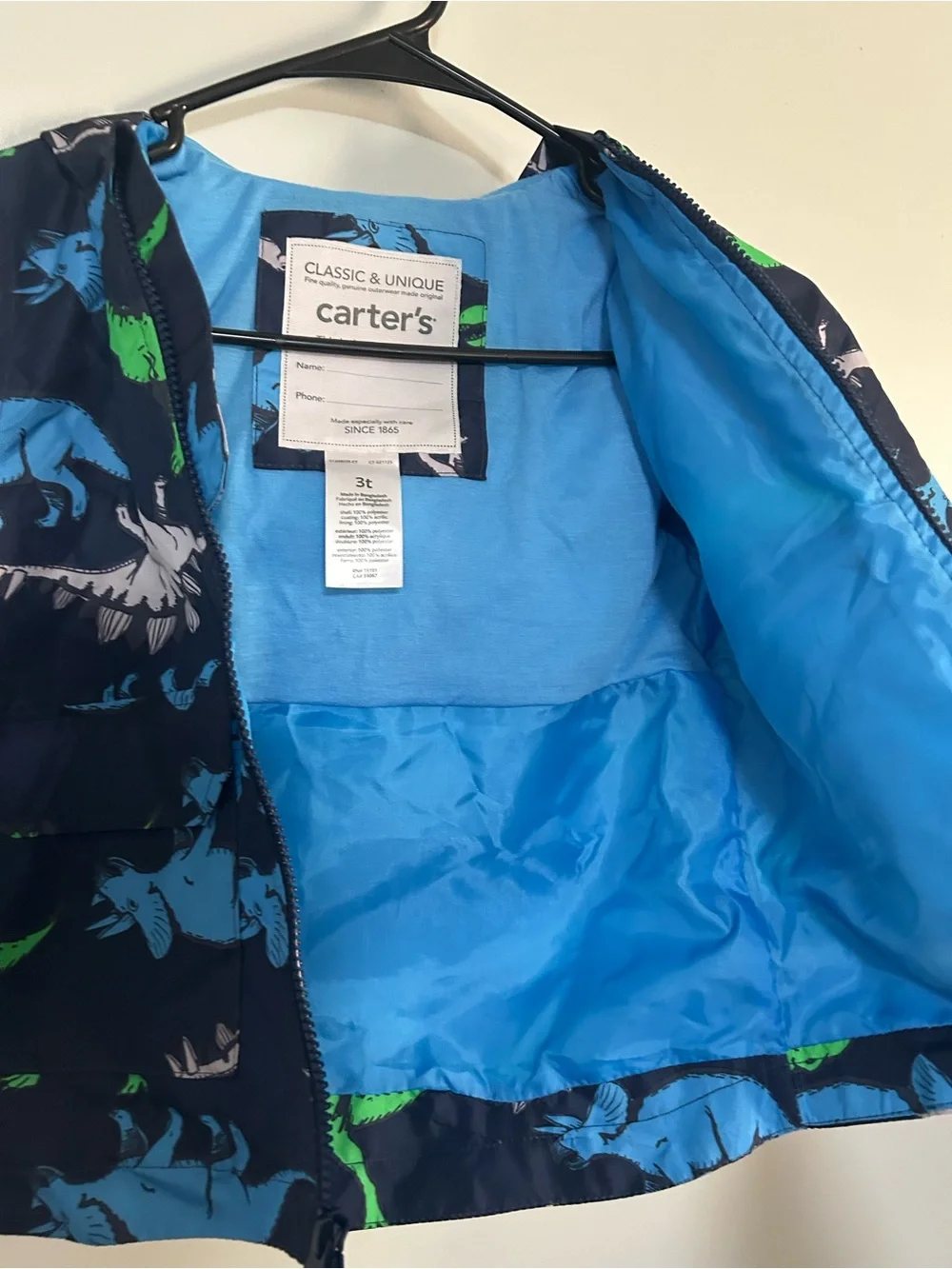 Carter's Navy Hooded Rain Jacket with Blue, Green & Gray Dinosaurs SZ 3T